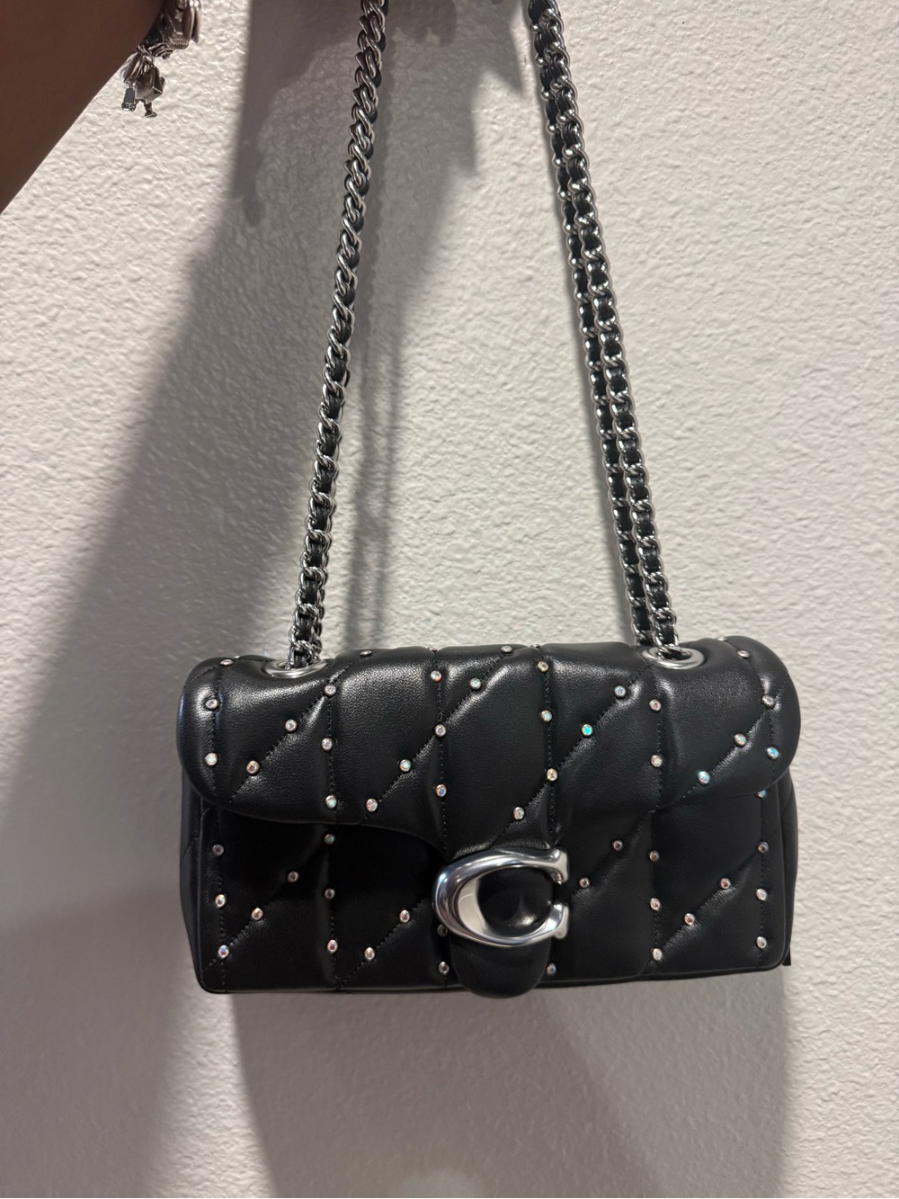 Authentic Brand NewCoach Black Quilted Shoulder Bag with Silver Studs and Chain